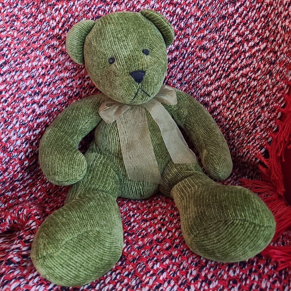 Pier 1 Imports Green Teddy Bear Chenille Plush Stuffed Animal Corduroy 16"